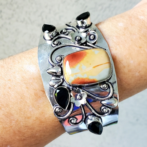 New Mookaite Jasper and Spinnel Cuff 925 Silver Bracelet. - Picture 13 of 16